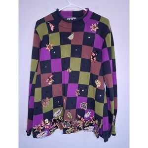 1990s Berek Checker Brown Green Purple Fall Leaves Halloween Beaded 3D Sweater L